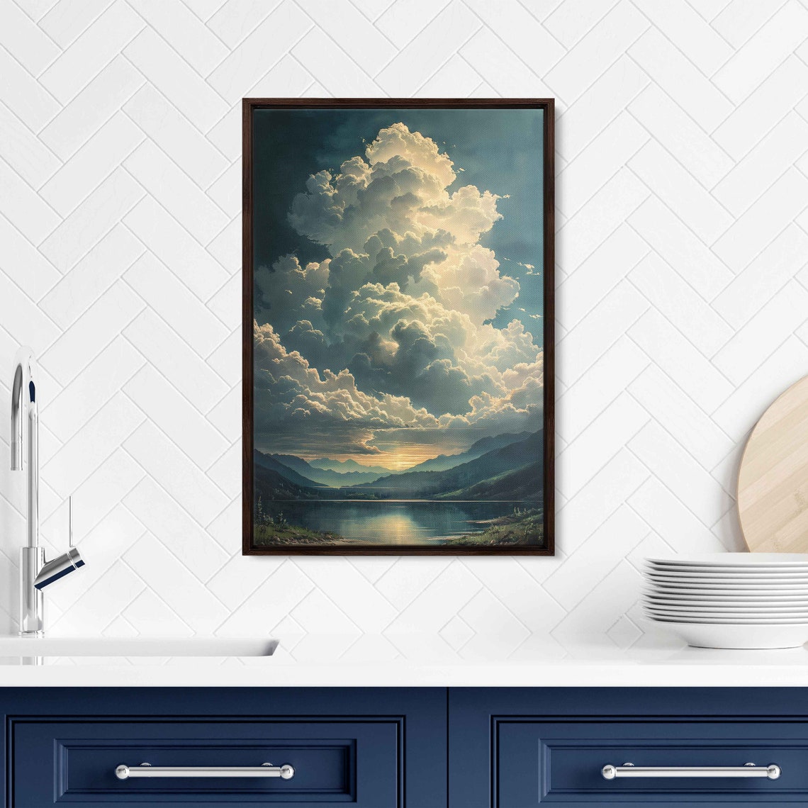 Dramatic Cumulus Clouds Mountain Lake Sunset Reflection Art Poster - Image 2