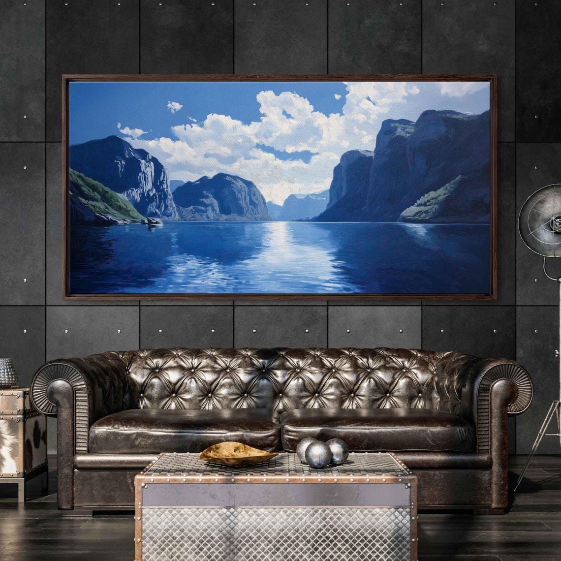 Steep Cliff Fjord Deep Blue Water Clouds Dramatic Coastline Poster