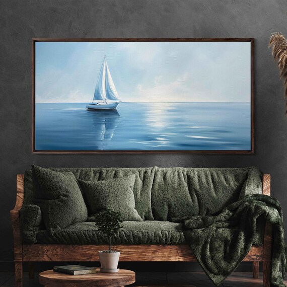 Sailboat With Full Sails On Sparkling Blue Sea Sunny Art Poster