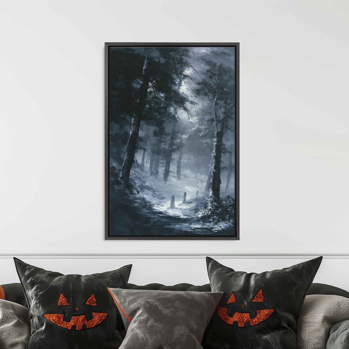 Ghostly Figures In Moonlit Foggy Haunted Forest Oil Painting Poster - Image 3