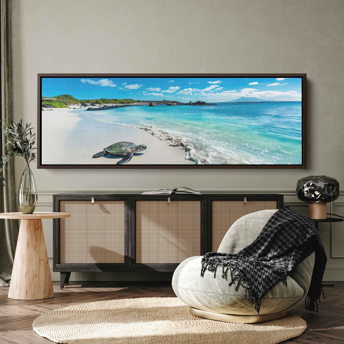 Sea Turtle On White Sand Beach Turquoise Waves Panoramic Poster - Image 4