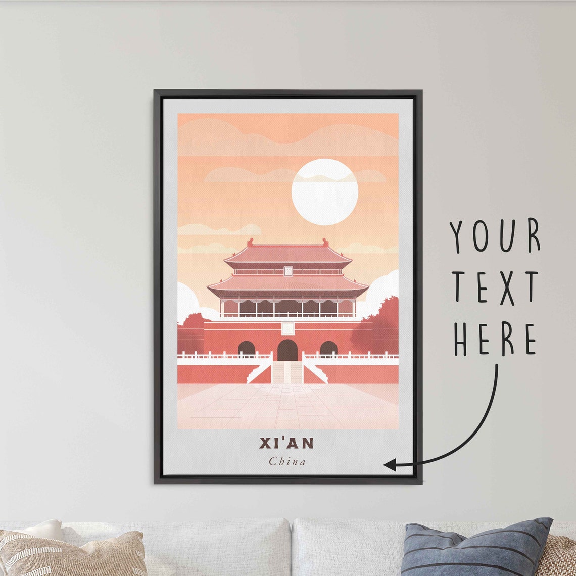 Xi'an China Red Palace Gate Full Moon Minimal Sunset Travel Poster