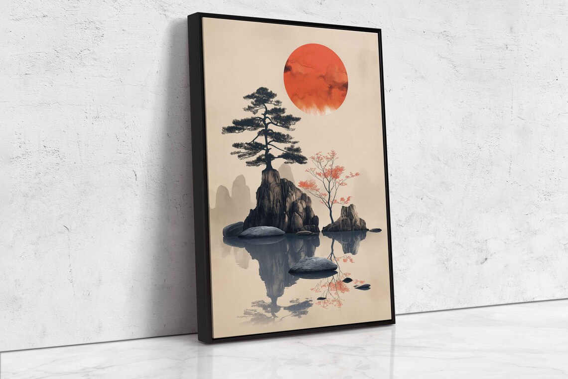 Japanese Red Sun Pine Tree Stepping Stones Ink Style Serene Asian Art Poster - Image 4