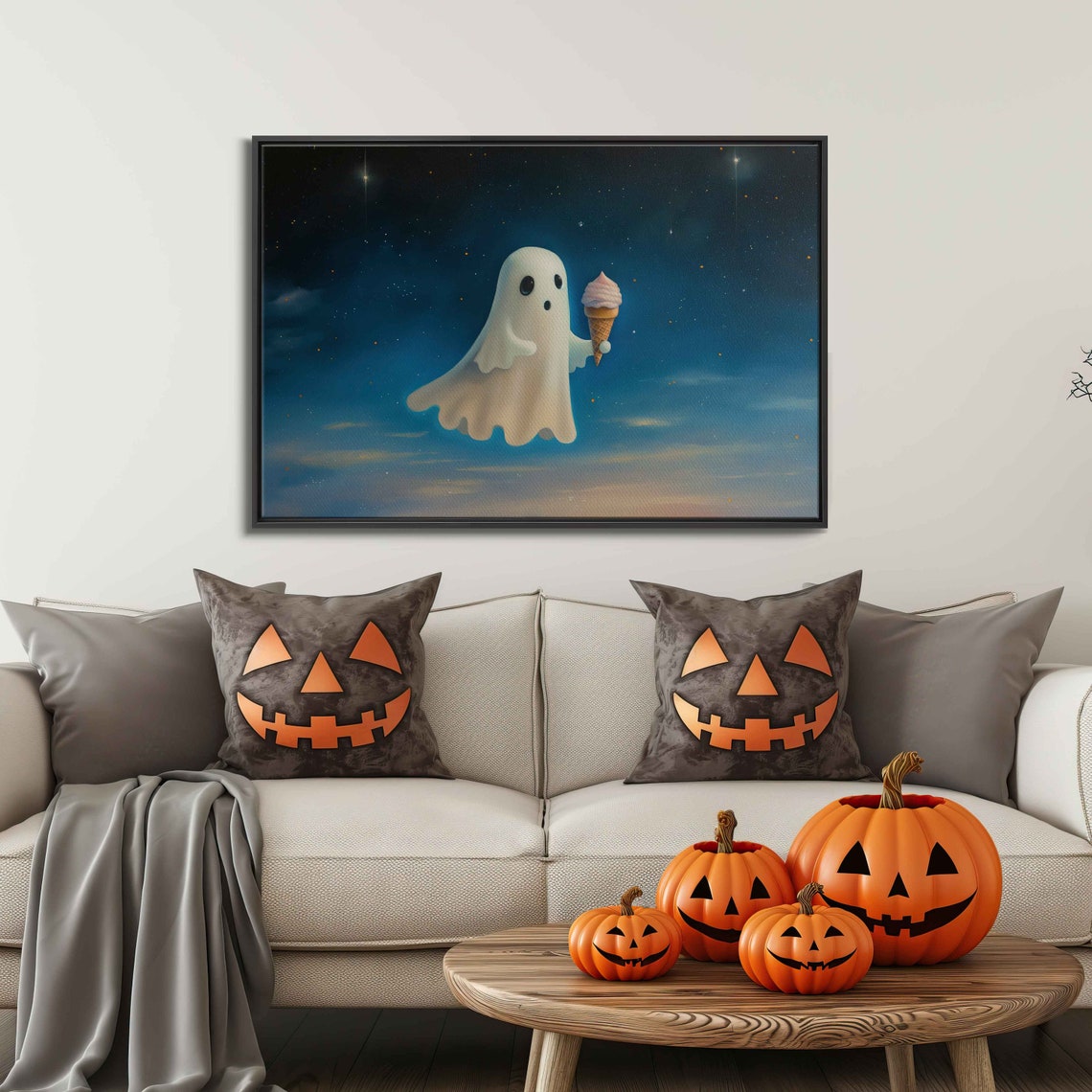 Friendly Ghost Eating Ice Cream Cone Starry Night Halloween Art - Image 3
