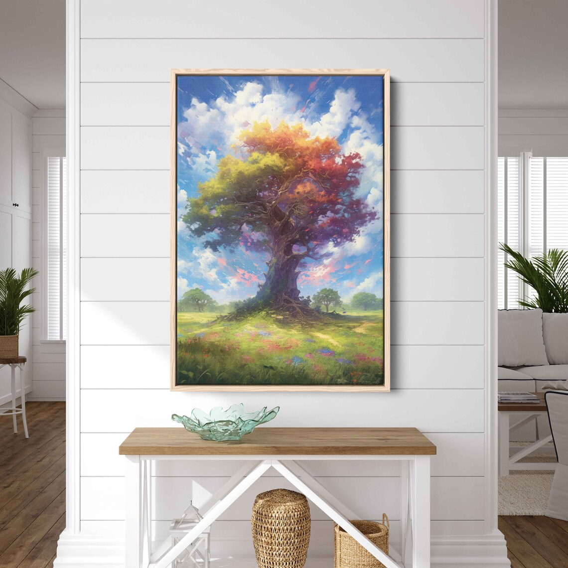 Colorful Ancient Tree In An Open Field Colorful Cloudy Skies Framed Print Ready To Hang - Image 3