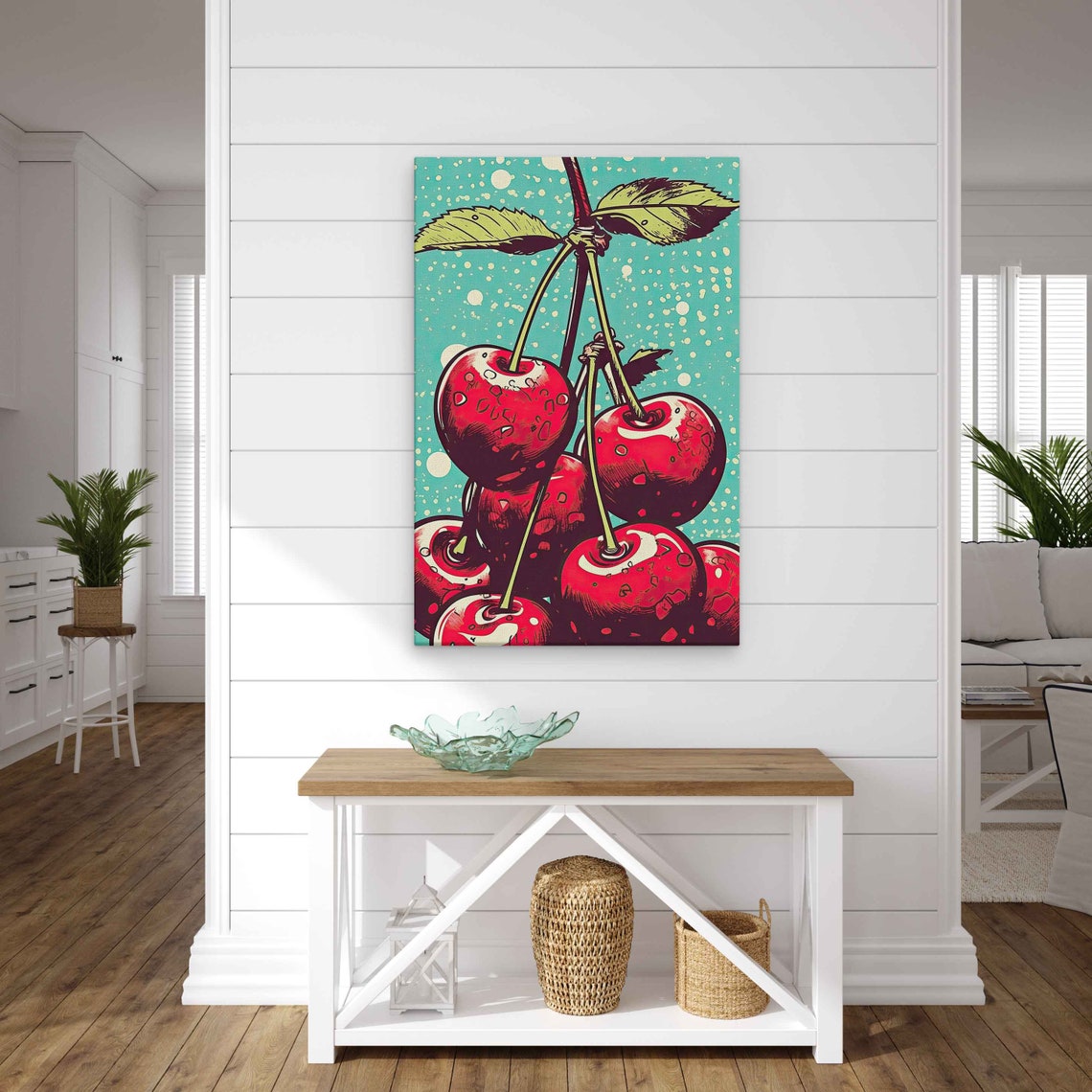 Red Cherries Pop Art Painting Retro Teal Dotted Background Wall Poster - Image 2