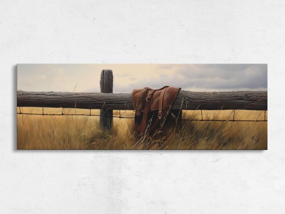 Saddle Hanging Over Fence Panoramic Wall Art Canavs Reproduction Print Ready To Hang Minimalist Rustic Wall Art