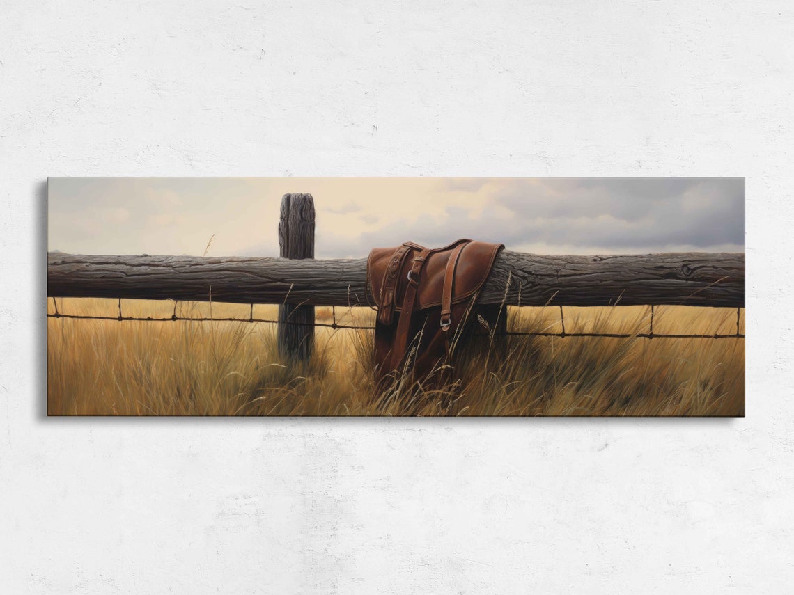 Saddle Hanging Over Fence Panoramic Wall Art Canavs Reproduction Print Ready To Hang Minimalist Rustic Wall Art