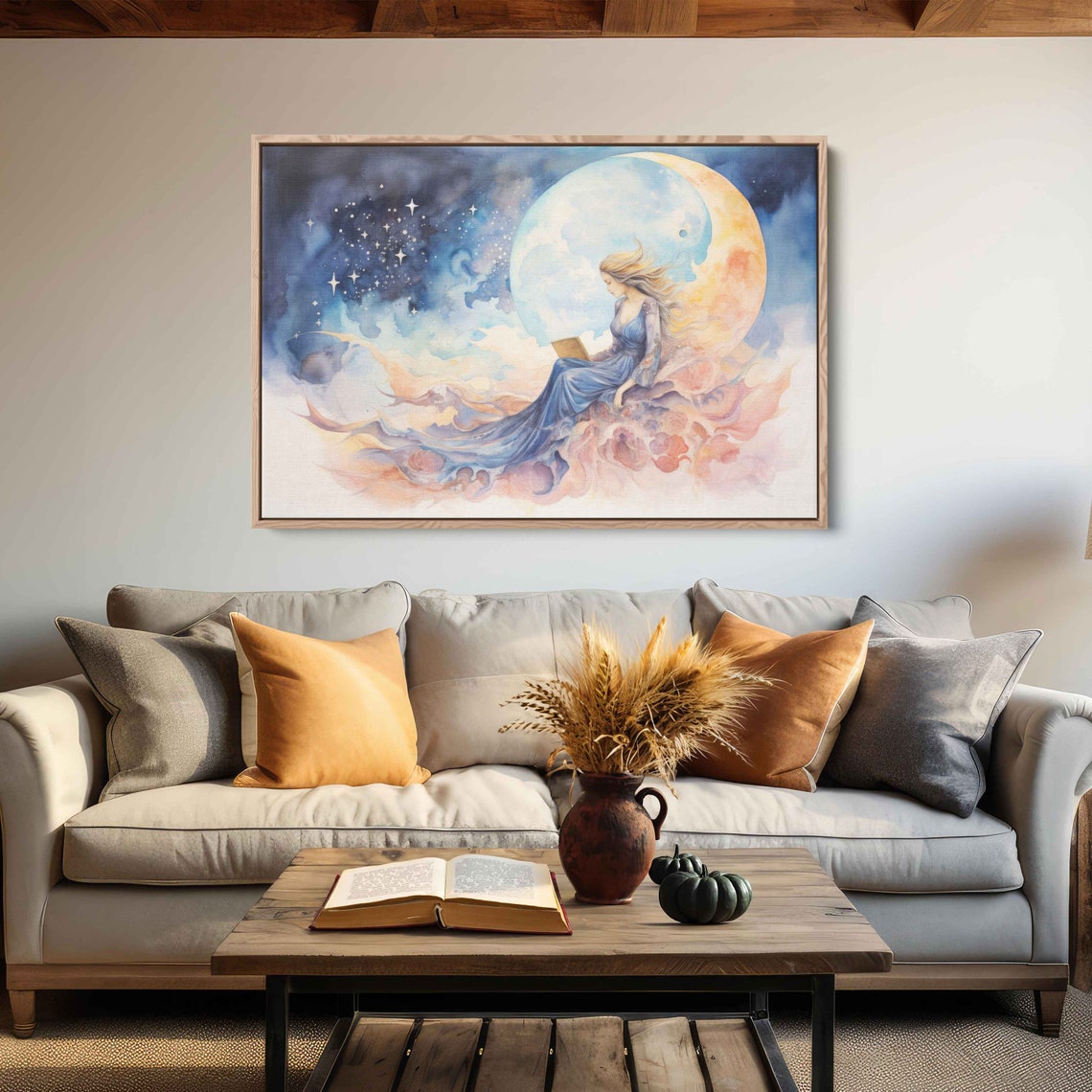 Woman Reading Book Moon Clouds Celestial Watercolor Wall Art - Image 2