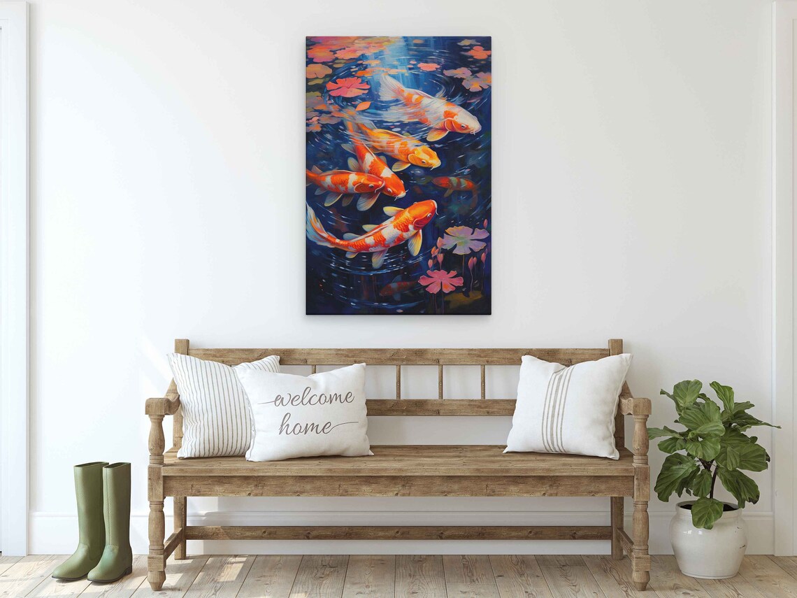 Koi Fish Pond Wall Art Painting Print Framed Ready To Hang - Image 2