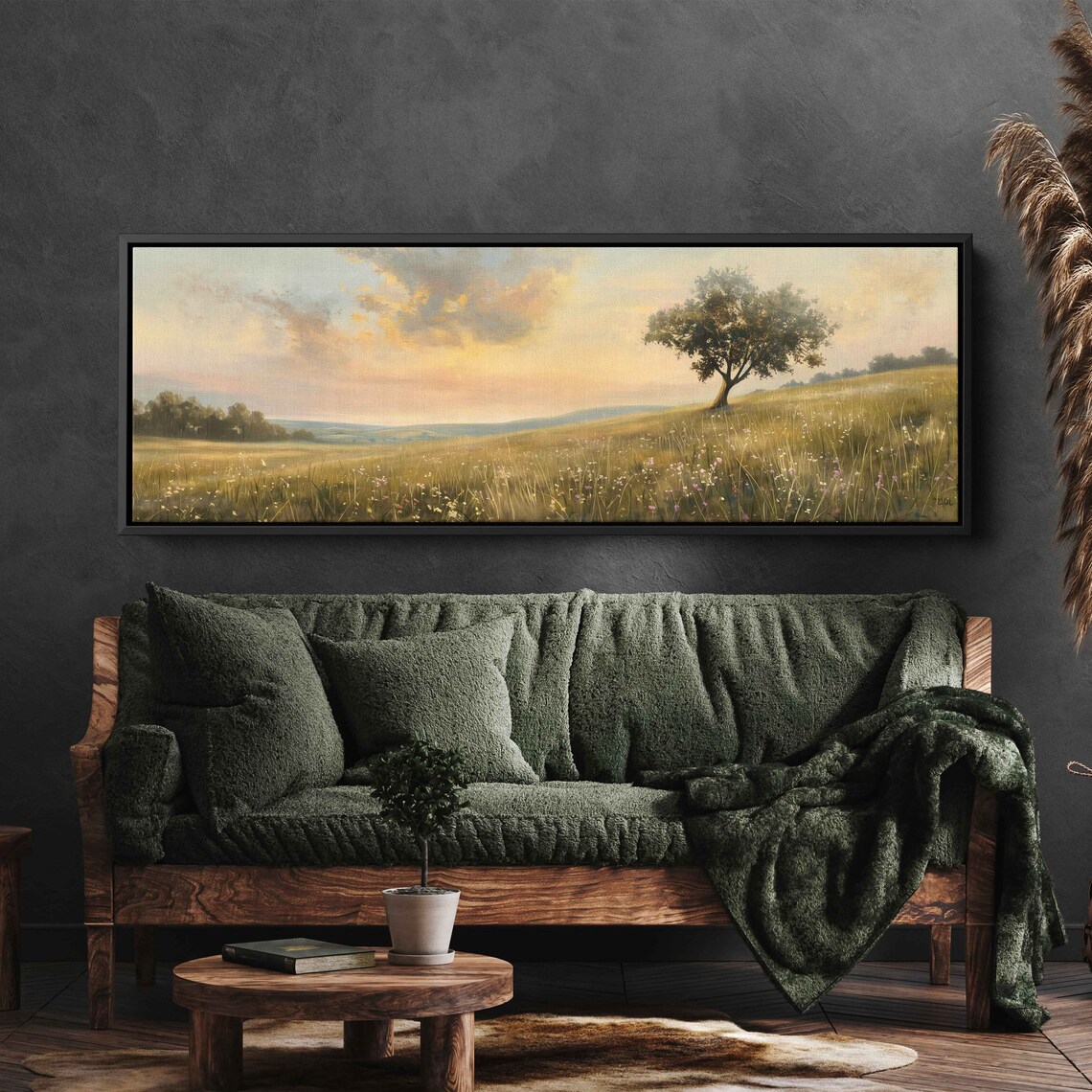 Minimalistic Serene Meadow Landscape Panoramic Wall Art Print Lone Tree In Grassland Nature Painting Ready To Hang - Image 2