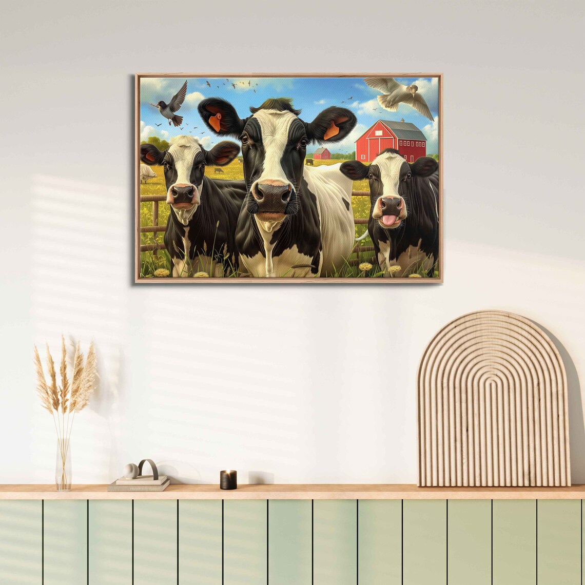 Three Curious Cows At Fence Red Barn Playful Farm Animal Poster - Image 3
