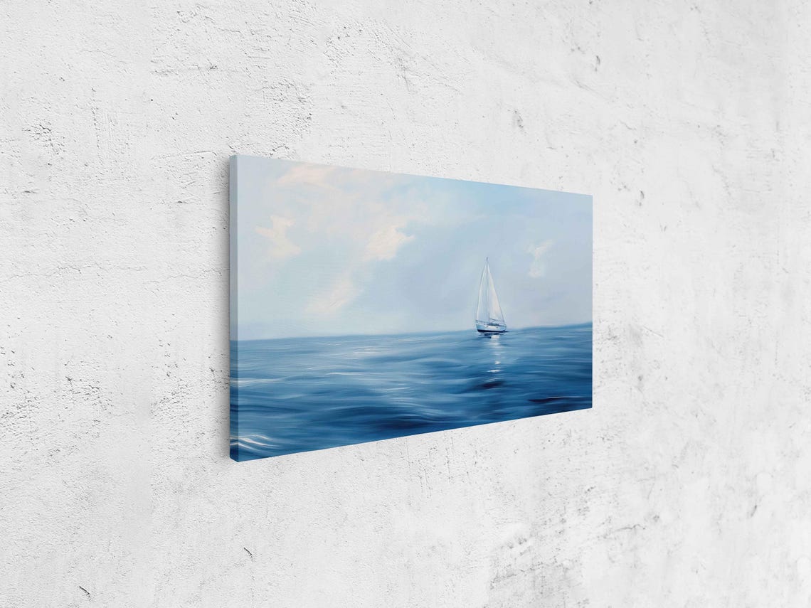 Lone White Sailboat On Deep Blue Ocean Horizon Minimalist Poster - Image 4
