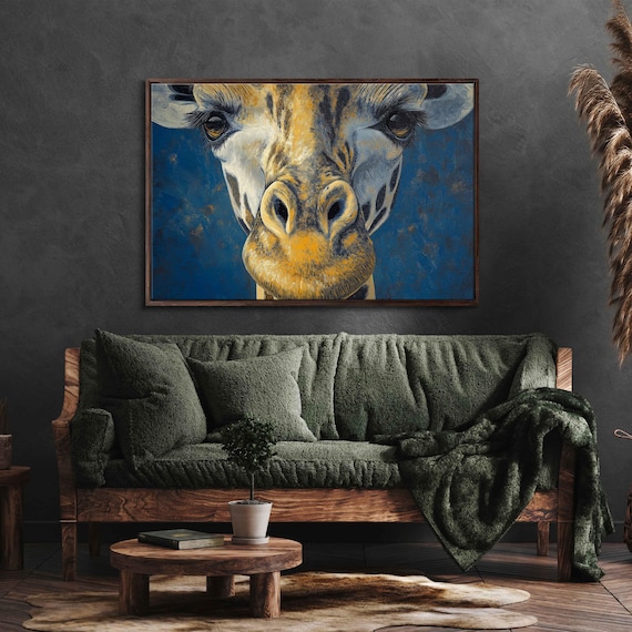 Giraffe Face Close Up Golden Textured Portrait Deep Blue Background Poster