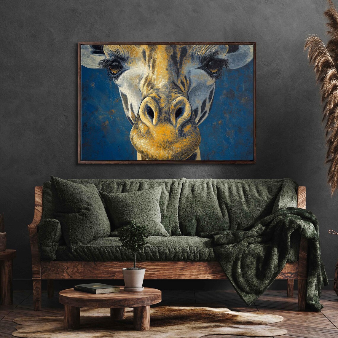Giraffe Face Close Up Golden Textured Portrait Deep Blue Background Poster