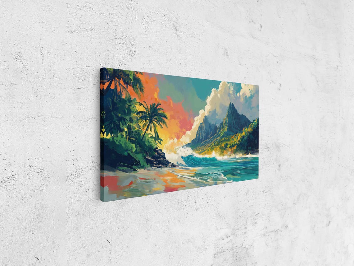Tropical Surf Scene With Sandy White Beach Wall Art Print Gift For Surfer Palm Trees Ocean Art Ready To Hang - Image 4