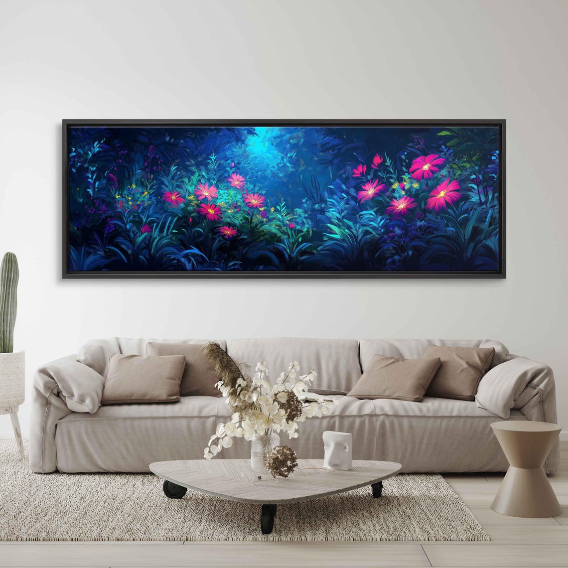 Glowing Neon Flower Garden Electric Blue Night Blooms Art Poster - Image 3
