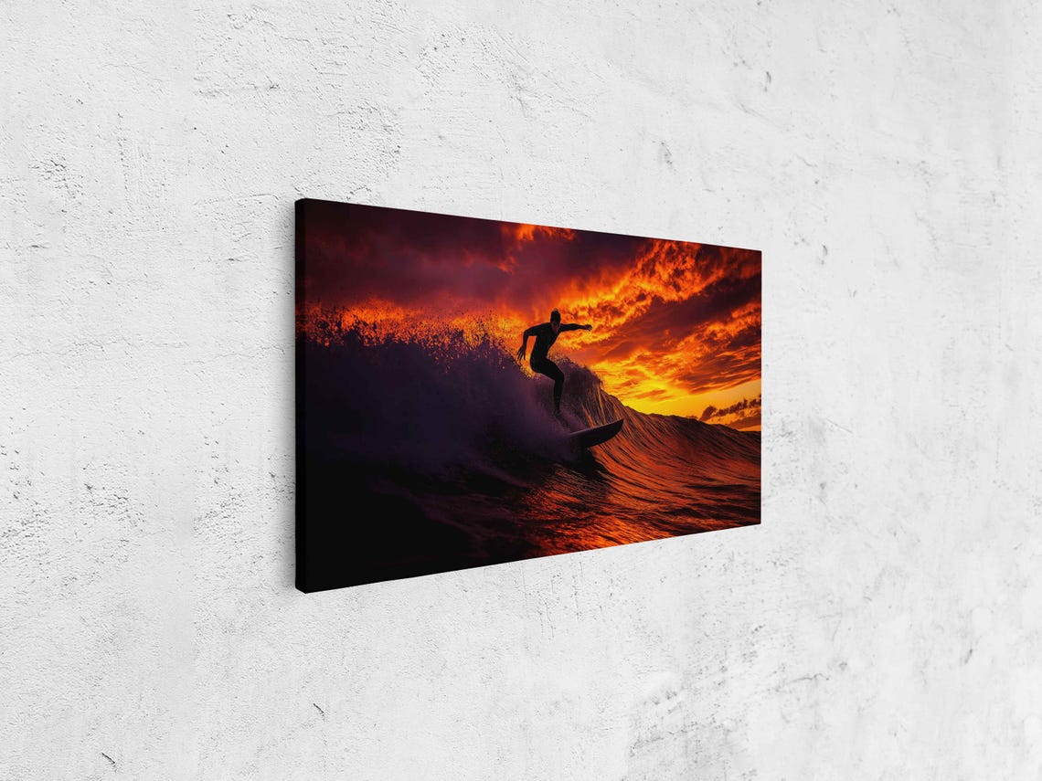 Surfer Catching Wave During Dramatic Sunset Wall Art Print Gift For Surfer Blue Water Vibrant Colors Ready To Hang - Image 4
