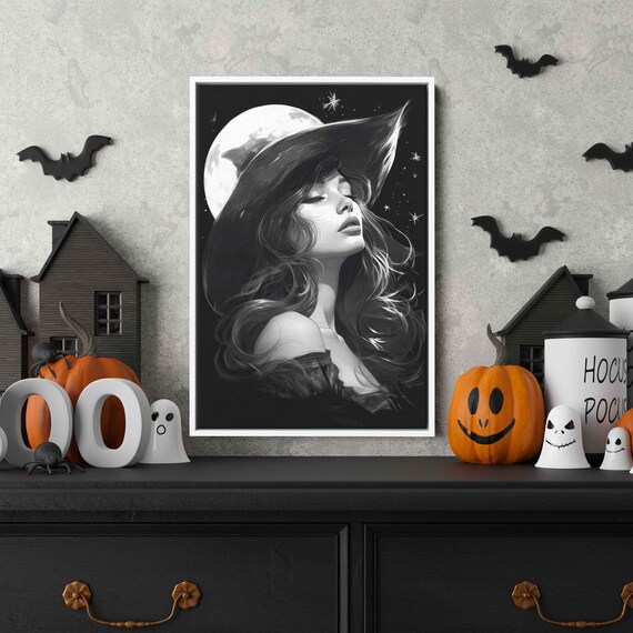 Celestial Witch Black White Portrait Full Moon Stars Halloween Art Print