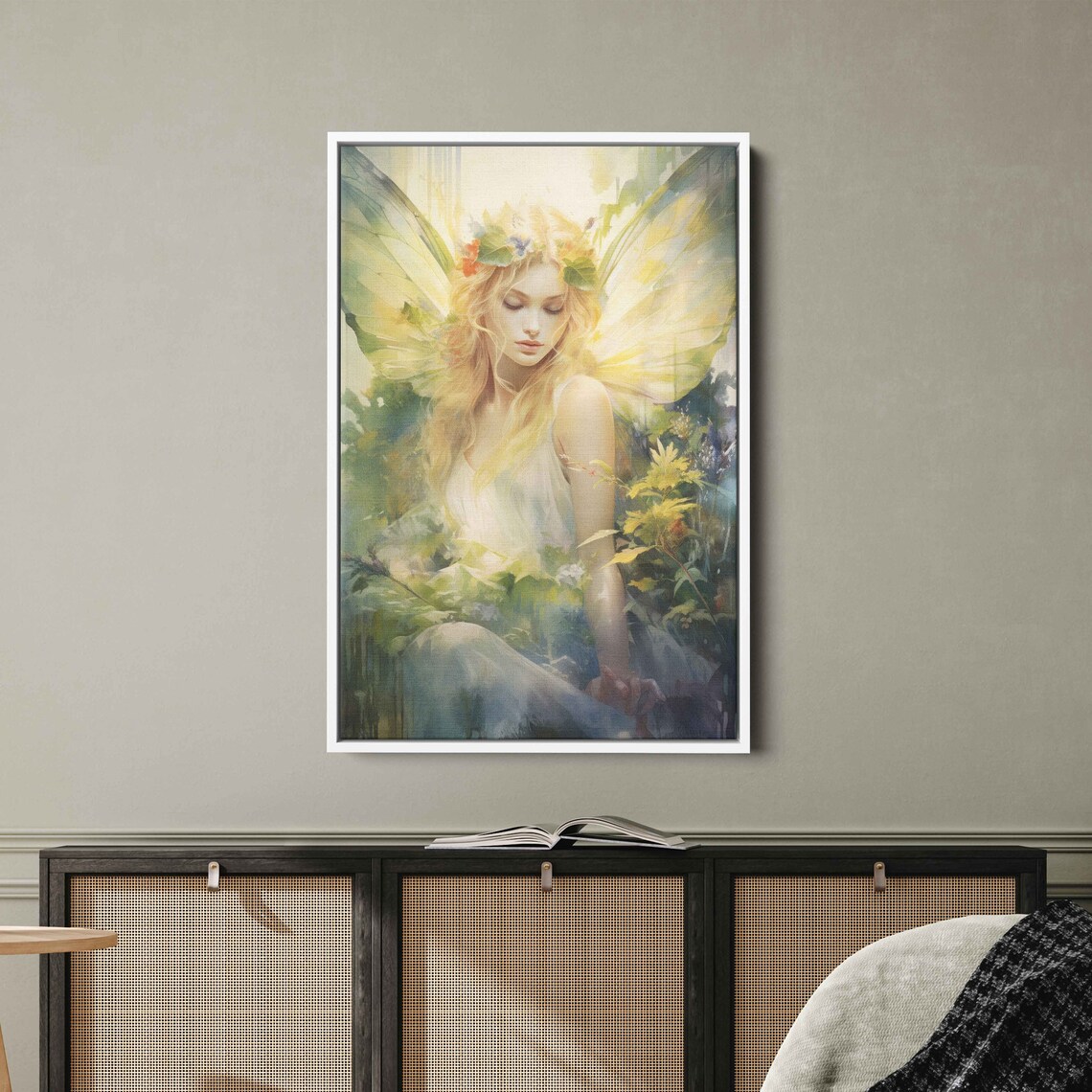 Radiant Golden Watercolor Angel Fairy With Wings Among Flowers Poster - Image 2