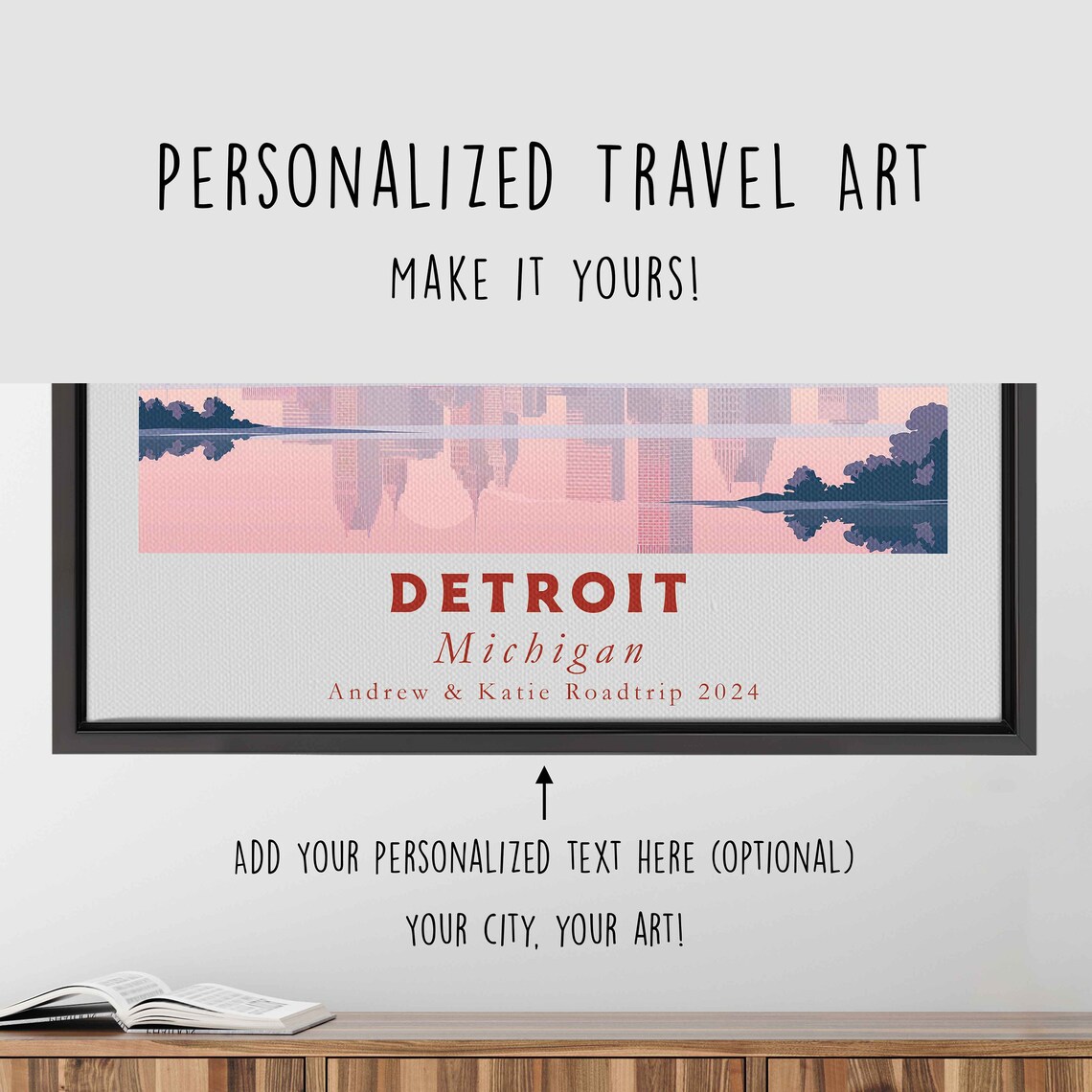 Detroit Michigan Skyline River Reflection Pink Sunset Travel Poster - Image 4