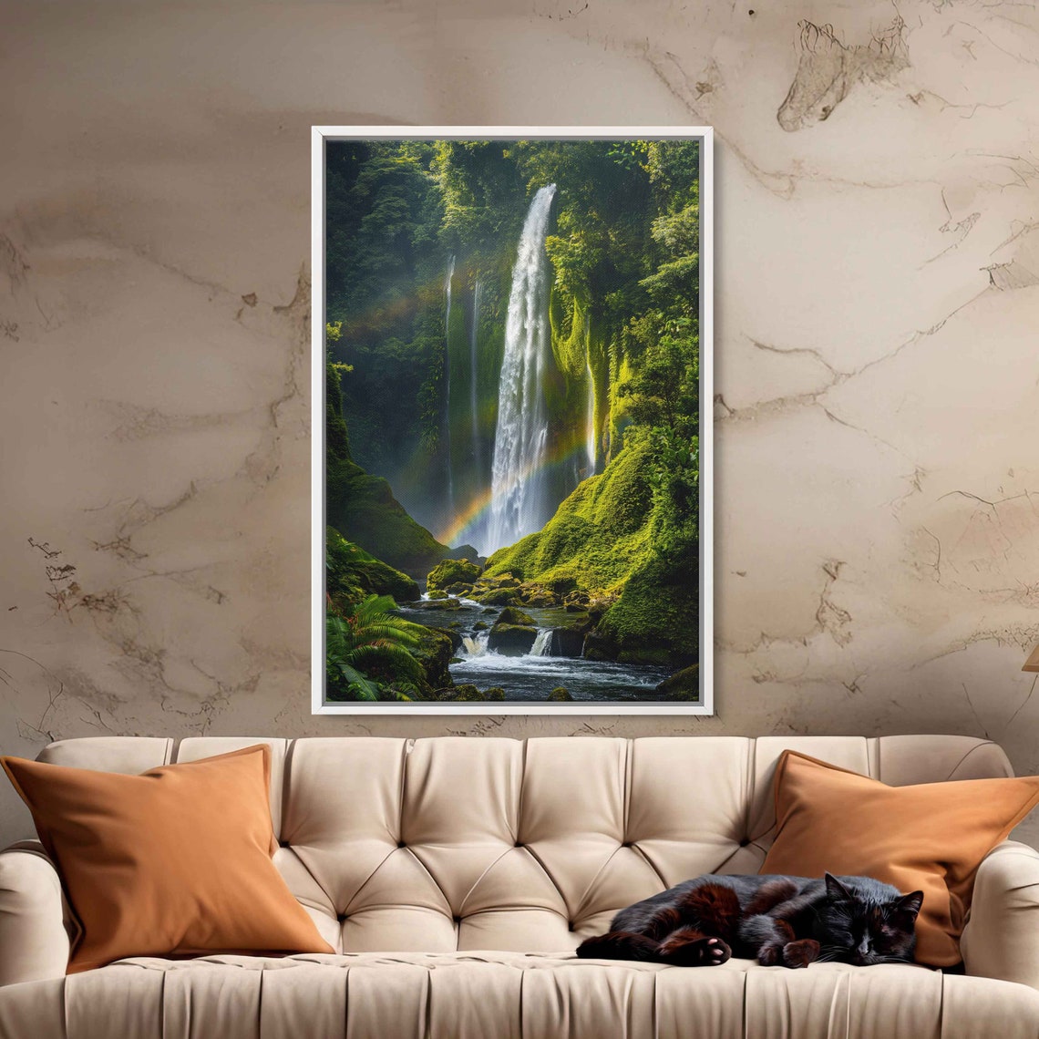 Waterfall Rainbow Cascading Down Moss Covered Rocks Wall Art Print Tropical Landscape Tranquil Art Ready To Hang - Image 2