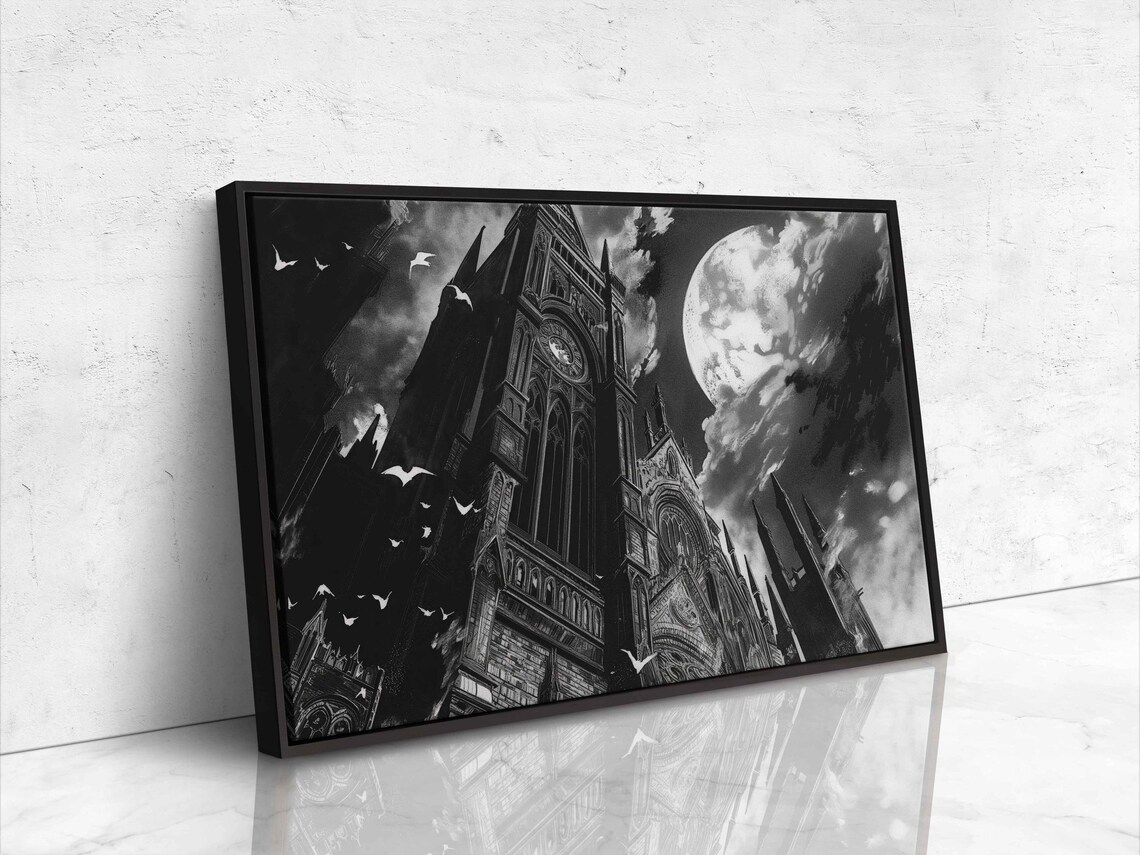 Gothic Clocktower Under Full Moon Flying Bats Night Sky Halloween Poster - Image 4