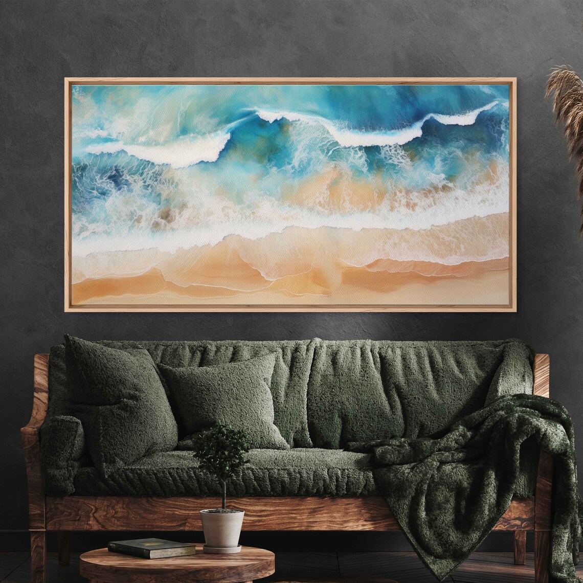 Aerial Beach Waves Crashing White Foam Soft Turquoise Sea Panoramic Poster