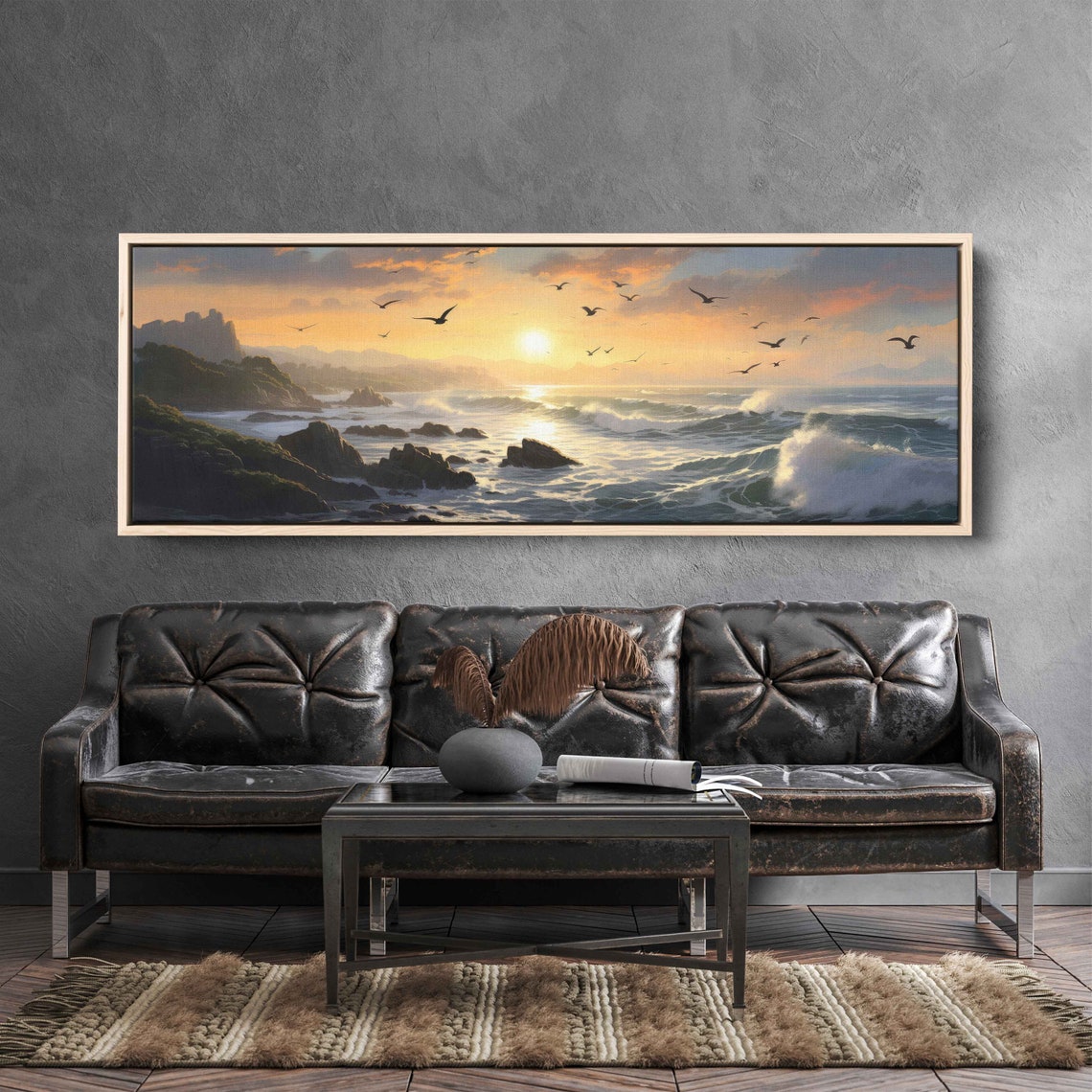 Rocky Coastline Sunrise Seagulls Crashing Ocean Waves Panoramic Poster - Image 3