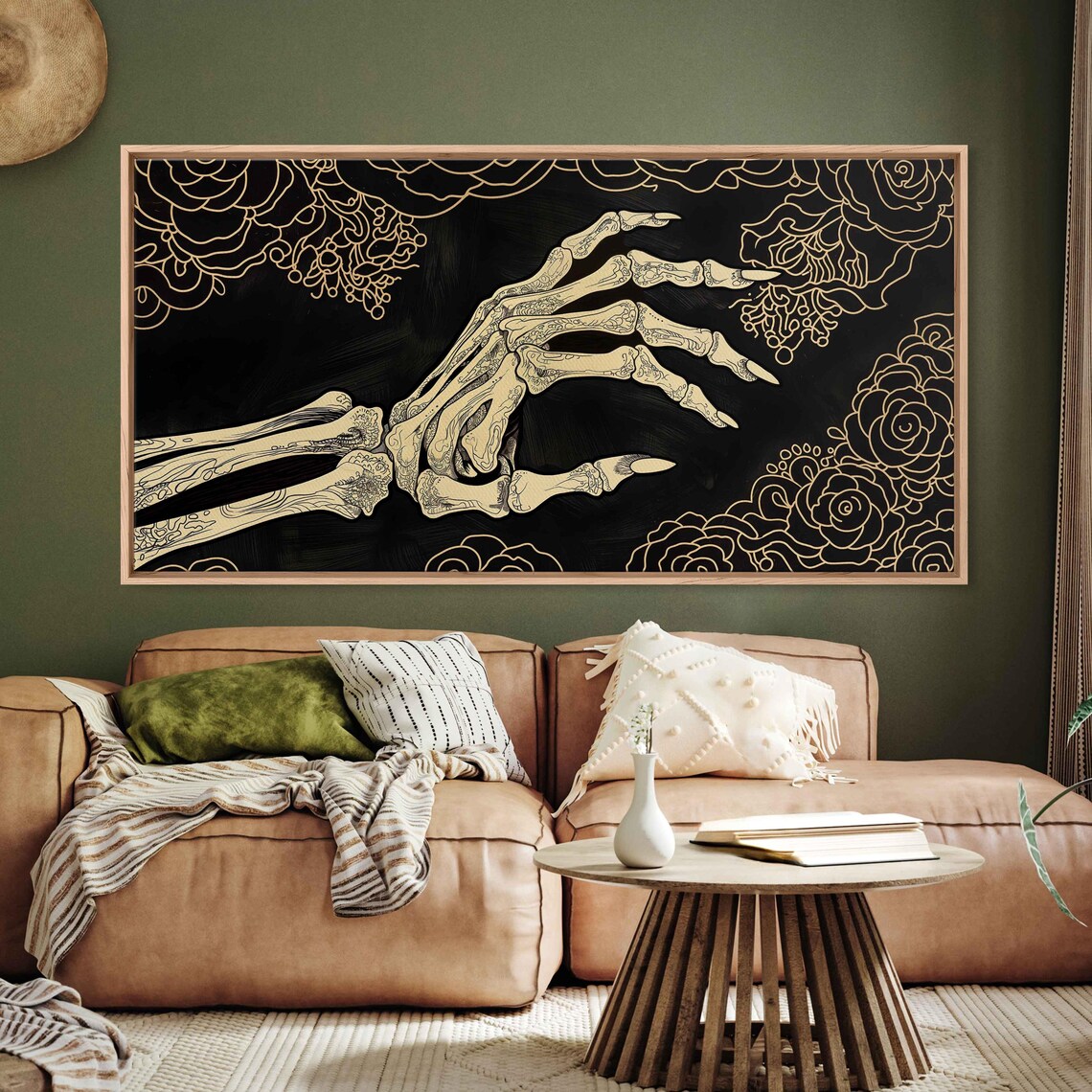 Golden Skeleton Hand Reaching On Black With Floral Outlines Gothic Art Print - Image 3