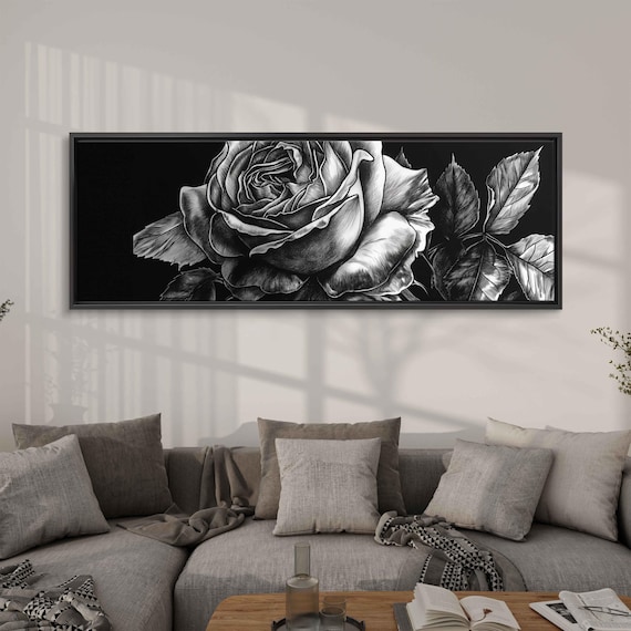Detailed Black Rose Close Up On Dark Background Floral Ink Art Poster