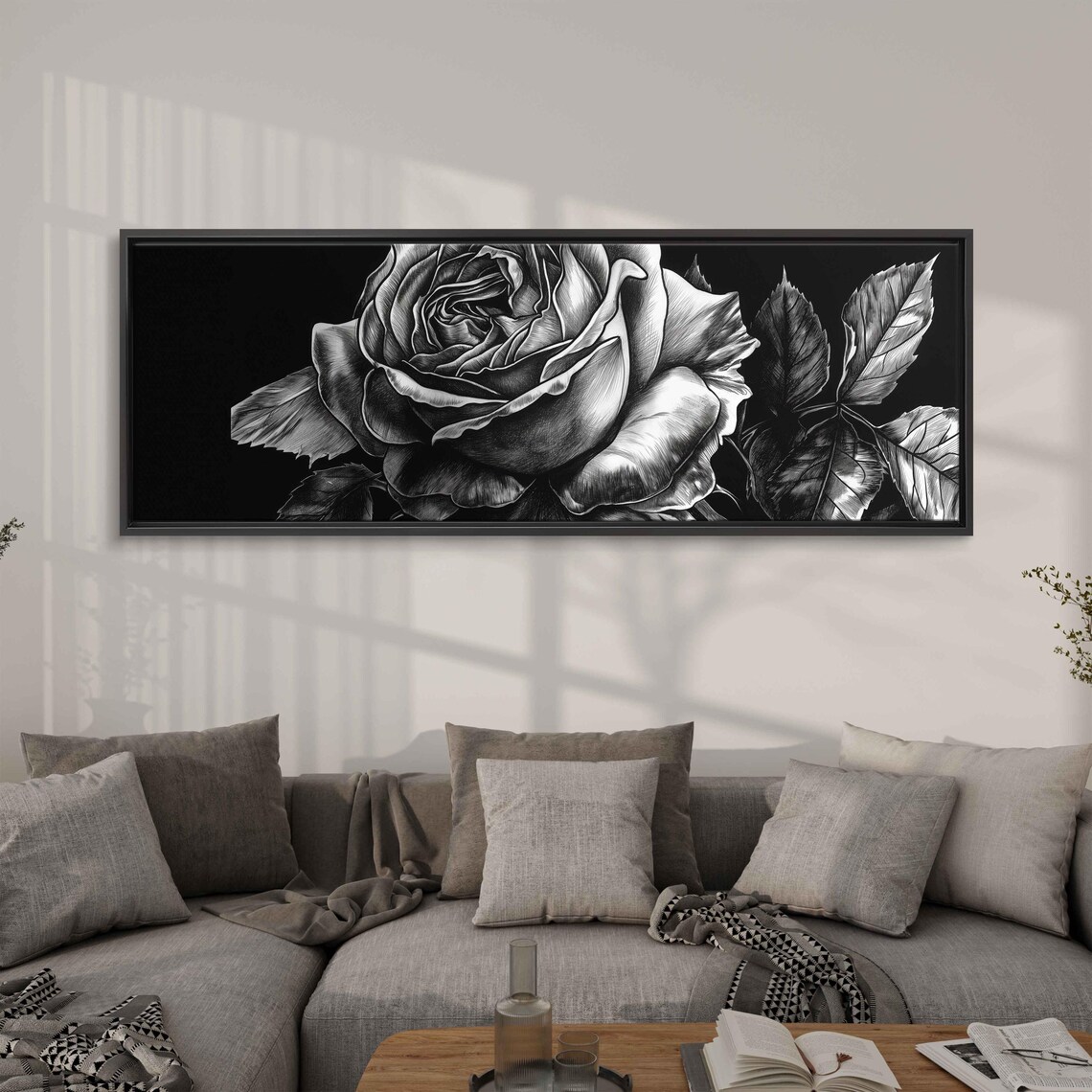 Detailed Black Rose Close Up On Dark Background Floral Ink Art Poster