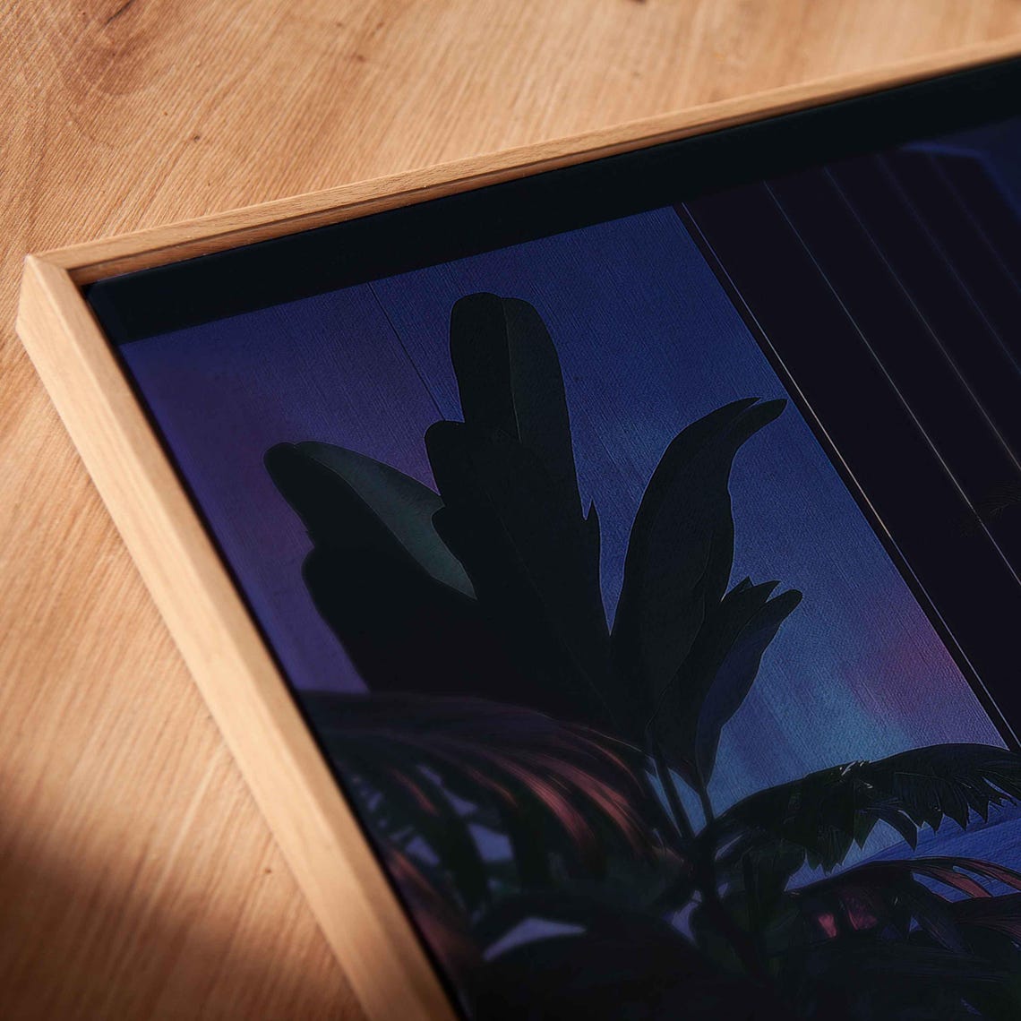 Tranquil Terrace At Twilight Wall Art Print Moonlit View Geometric Shapes Emotion Foliage - Image 2