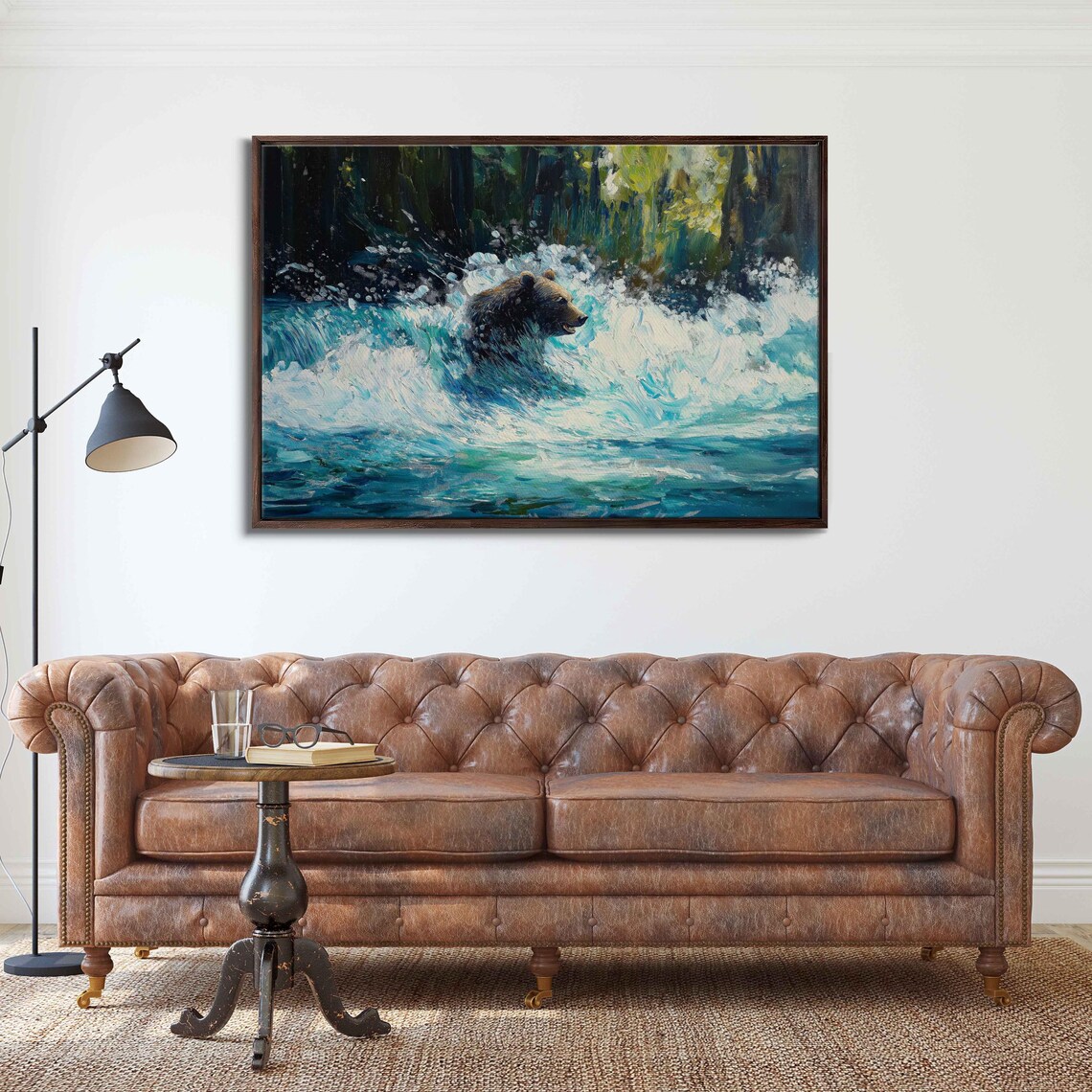 Grizzly Bear Fishing Expressive Oil Painting Rapids Dynamic Art Poster - Image 3