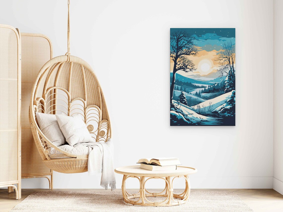 Winter Sunrise Snowy Hills Blue Pop Art Landscape Travel Poster - Image 3
