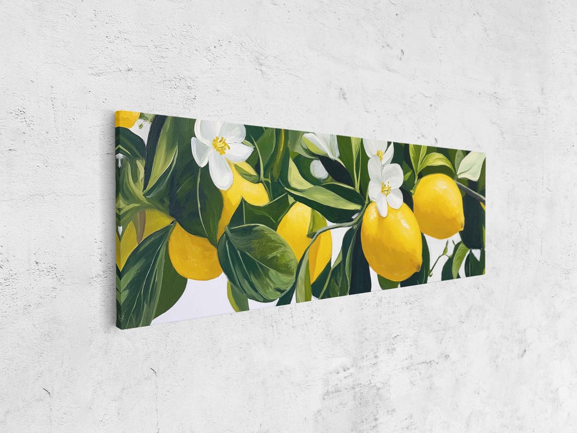 Sunny Lemons White Blossoms Green Leaves Bright Panoramic Art Poster - Image 4