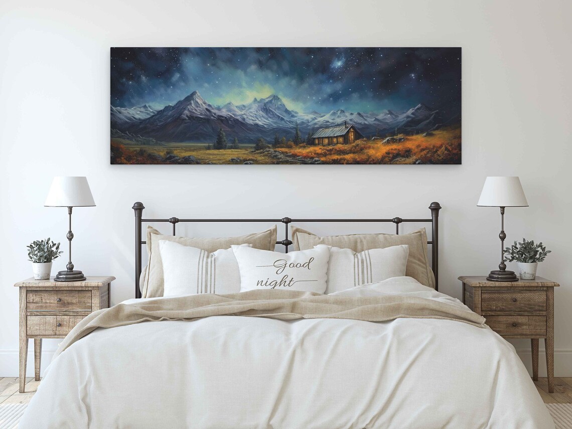 Tiny Cabin in Meadow Starry Night Aurora Snowy Peaks Art Poster - Image 3