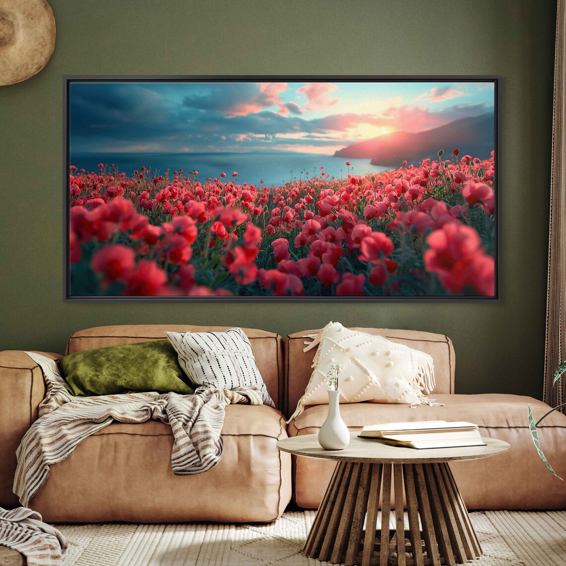 Red Poppy Field Sunset Ocean Backdrop Panoramic Floral Landscape Poster - Image 2