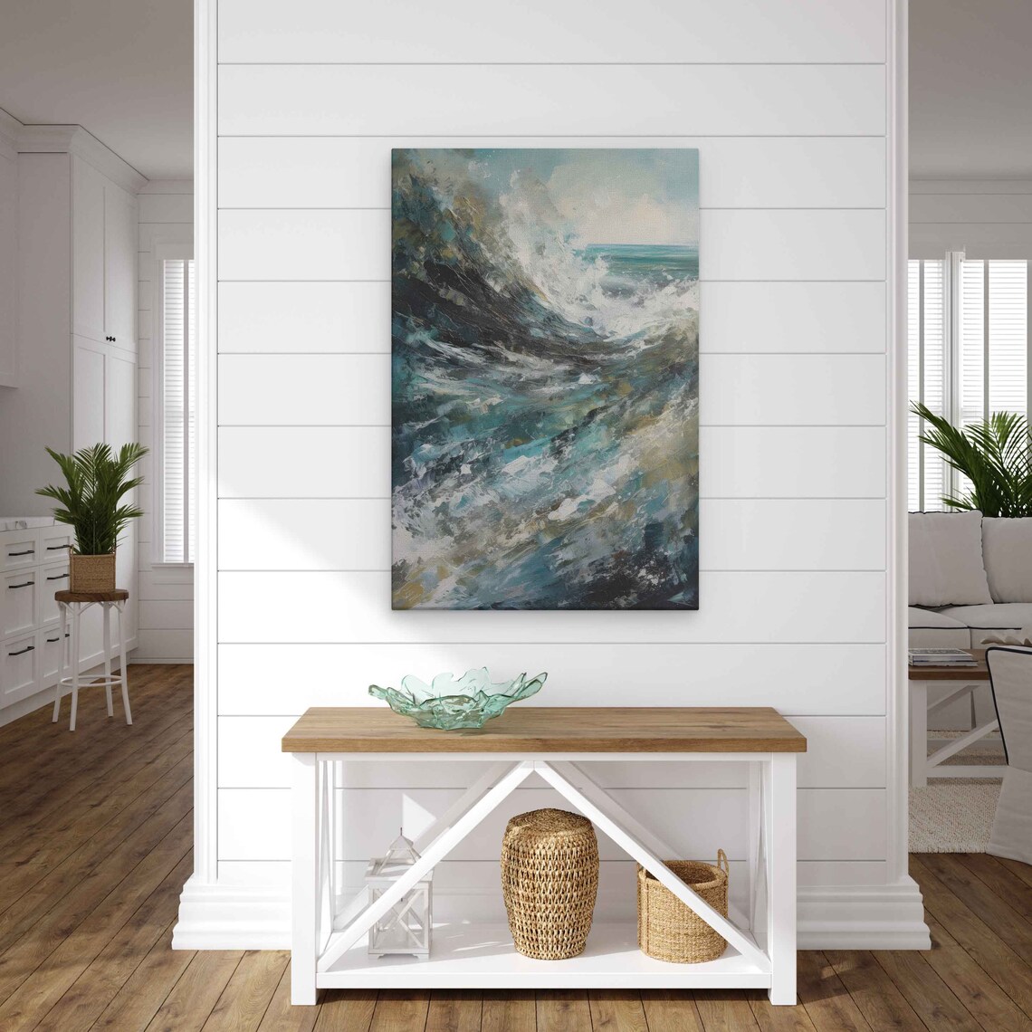 Abstract Ocean Waves Crashing Teal Brushstrokes Coastal Modern Poster - Image 2