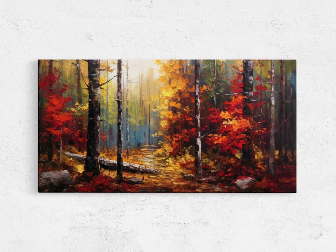 Autumn Leaves Forest Oil Painting, Rustic Wall Art Print