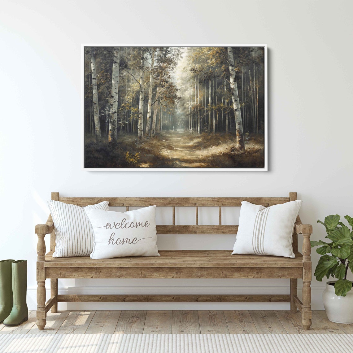 Misty Birch Forest Path Painting Sunlit Woods Moody Nature Poster - Image 3