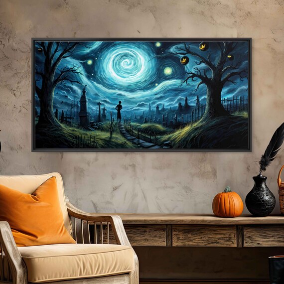 Spooky Starry Night Graveyard Van Gogh Style Swirling Sky Halloween Poster