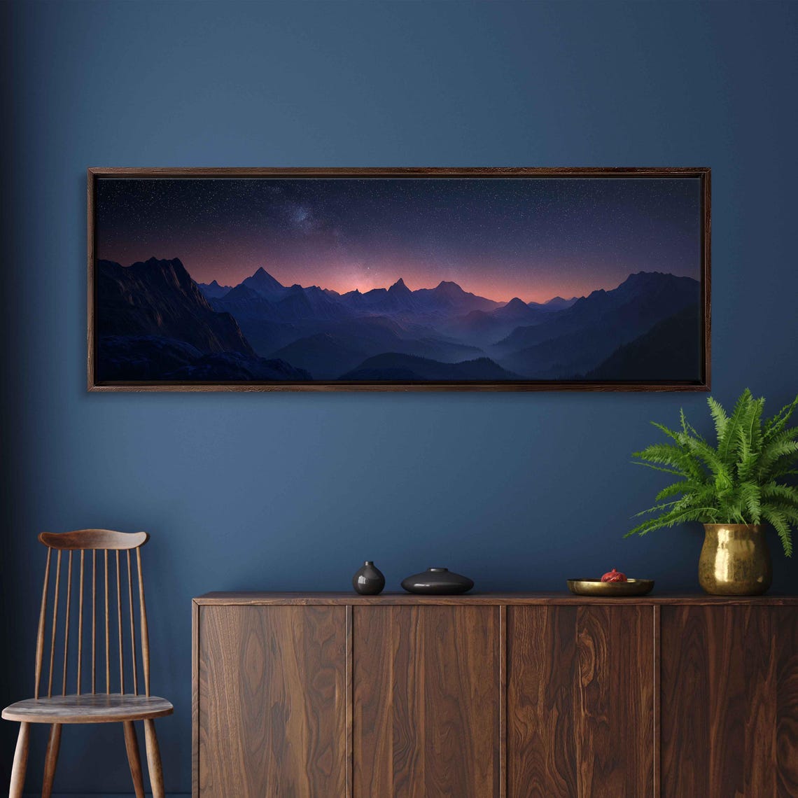 Starry Night Sky Over Dark Mountain Ridges Landscape Art Poster - Image 3