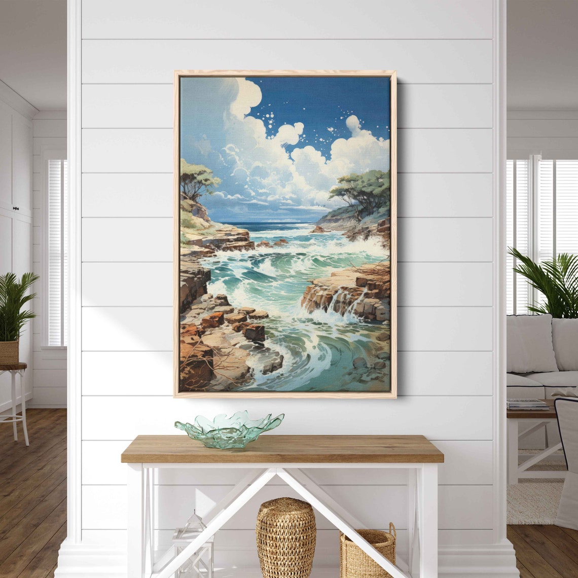 Sunny Dramatic Rocky Coastline Turquoise Waves Watercolor Poster - Image 2