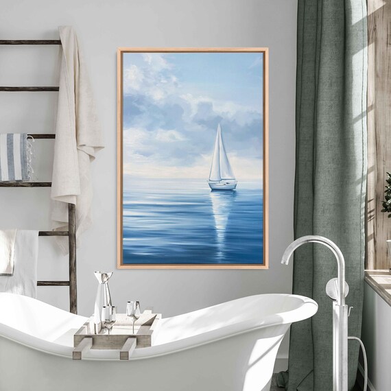 White Sailboat With Full Sails On Calm Blue Ocean Water Sailing Poster
