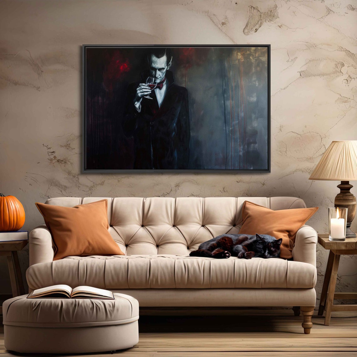 Vampire Gentleman Suit Bow Tie Sipping Red Wine Gothic Halloween Print