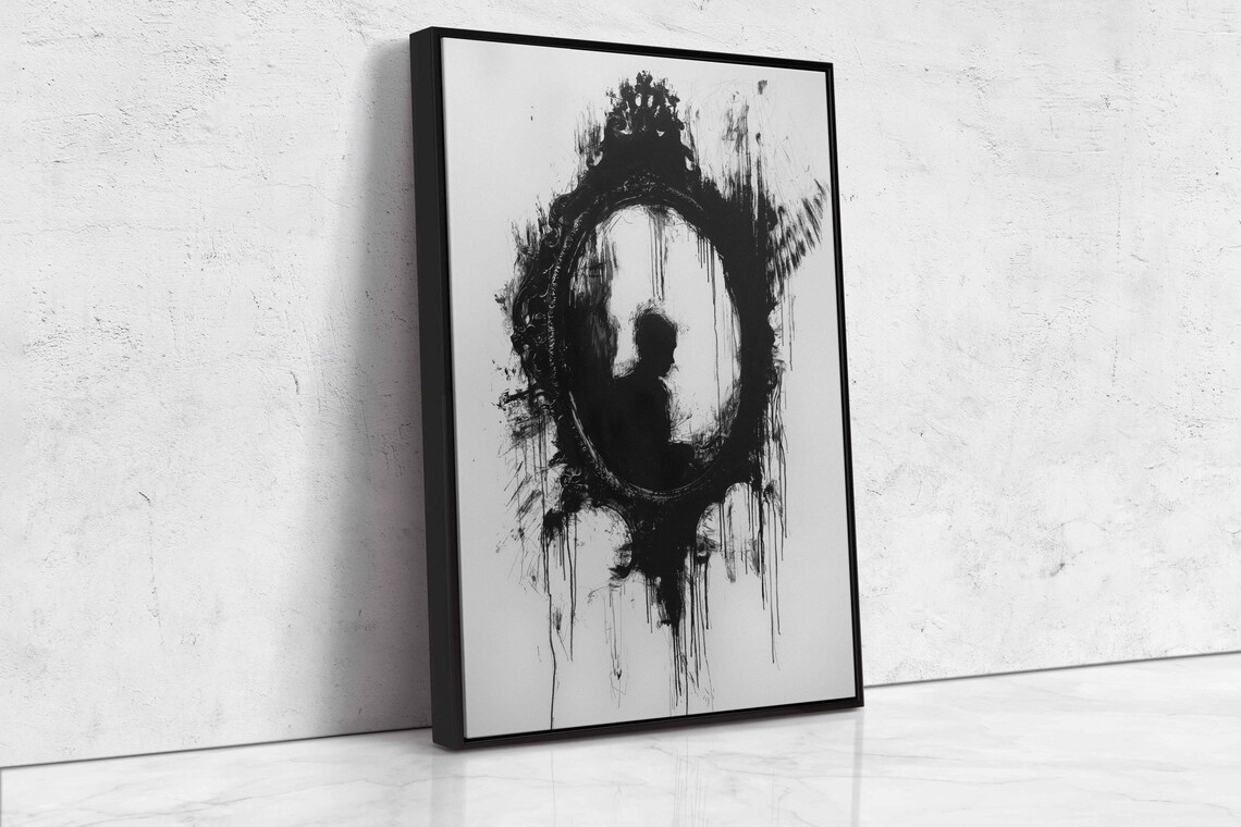 Haunted Oval Mirror Reflecting Eerie Figure Dripping Black Ink Gothic Art Poster - Image 4