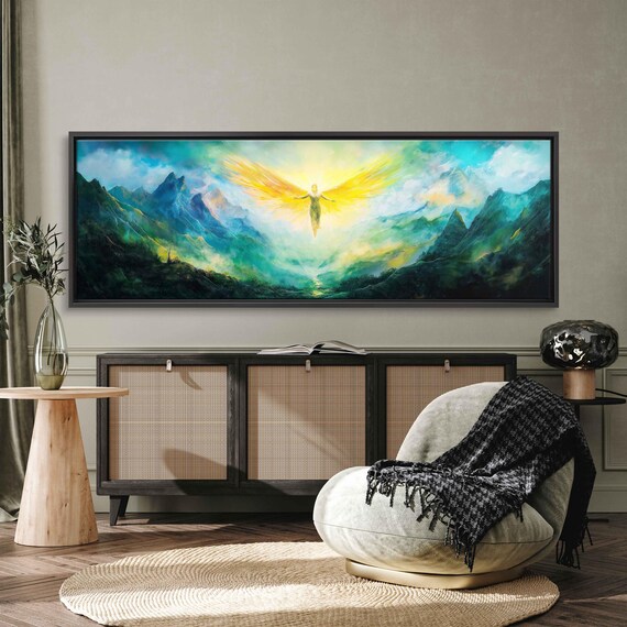 Angel Descending Towards Earth Wall Art Print Golden Light Majestic Mountains