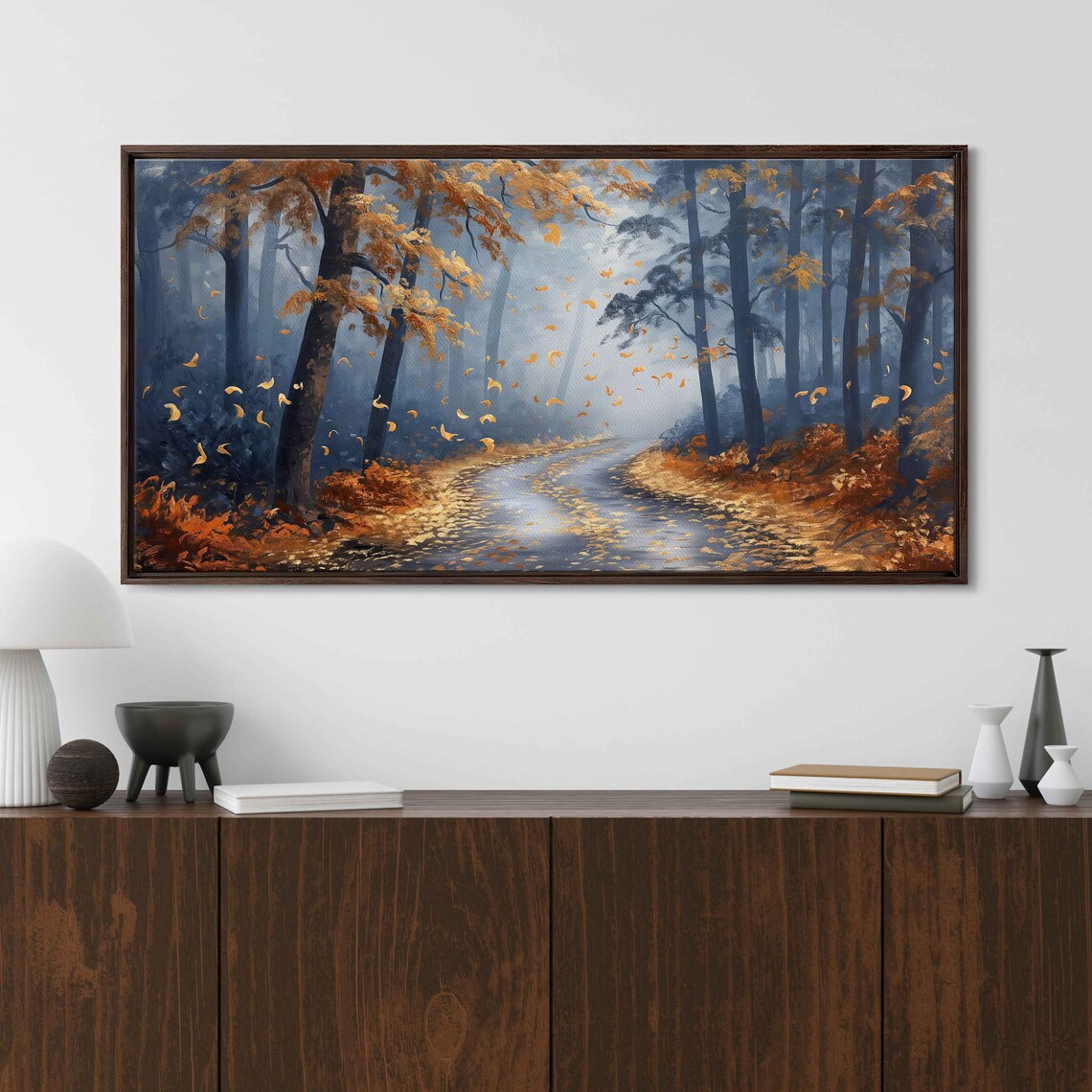 Misty Forest Road With Falling Golden Leaves Autumn Painting Poster