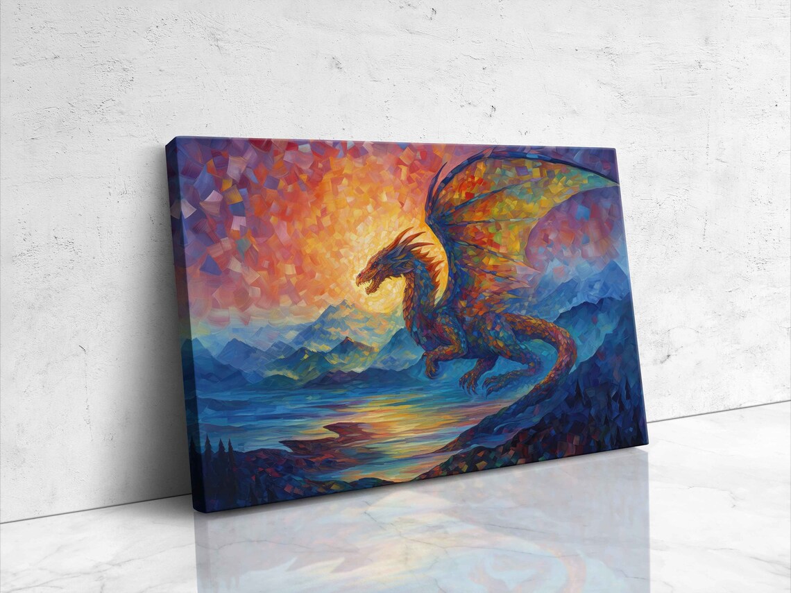 Colorful Mosaic Dragon Flying Over Mountain Lake At Sunset Fantasy Art Poster - Image 4